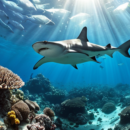Home 4 **Underwater paradise in Coco Island, Costa Rica**: A vibrant coral reef teeming with marine life, including a school of hammerhead sharks and a graceful manta ray. Crystal clear water with visibility exceeding 20 meters. Sunlight filtering through the surface, illuminating the diverse ecosystem.
