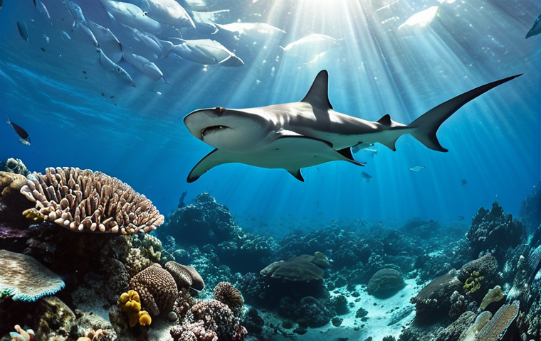 **Underwater paradise in Coco Island, Costa Rica**: A vibrant coral reef teeming with marine life, including a school of hammerhead sharks and a graceful manta ray. Crystal clear water with visibility exceeding 20 meters. Sunlight filtering through the surface, illuminating the diverse ecosystem.